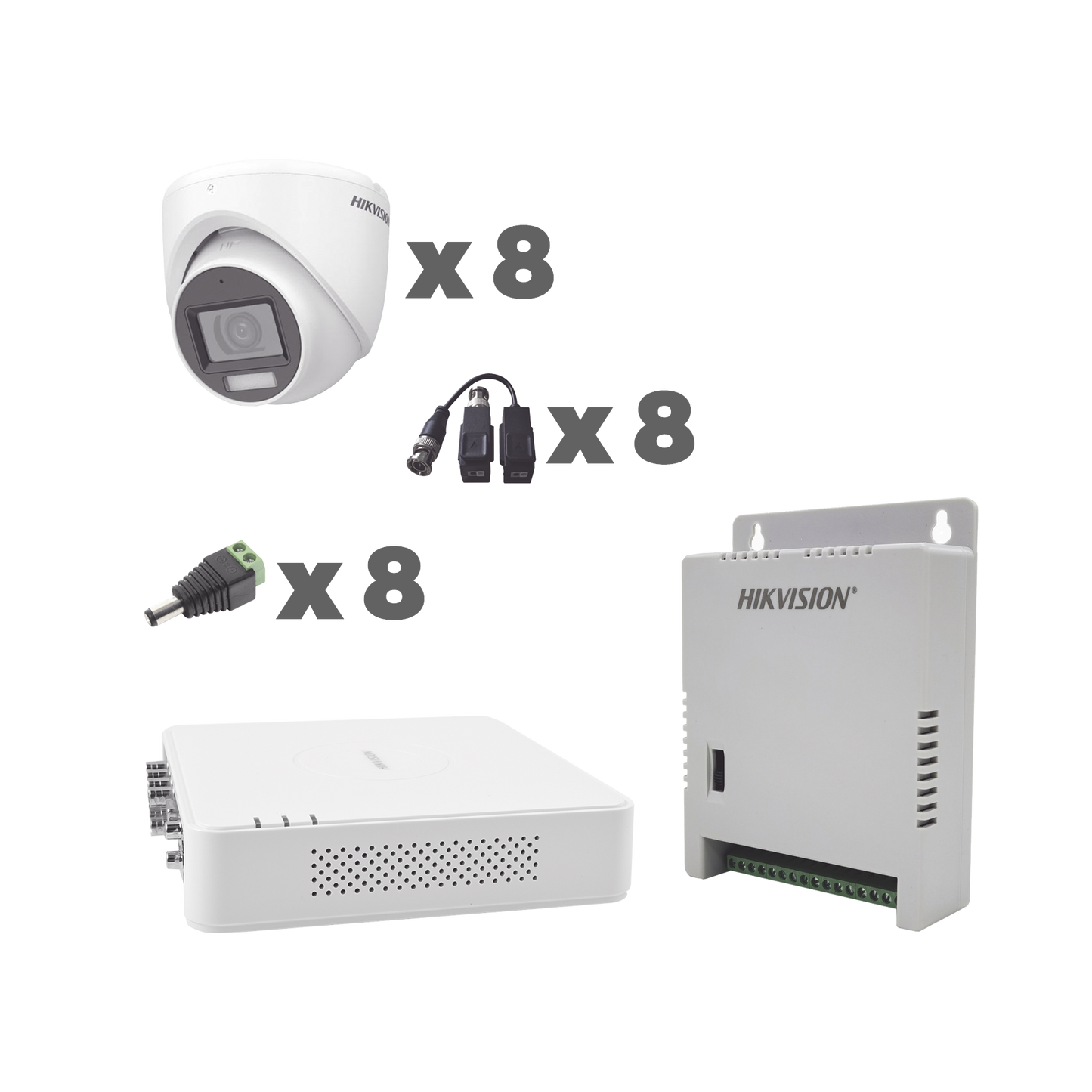 KIT TurboHD 1080p / DVR 8 Canales con audio por coaxitron / 8 Cámaras con Micrófono Integrado 101° Visión/  luz blanca + IR visión nocturna  / Transceptores / Conectores / Fuente de Poder Profesional