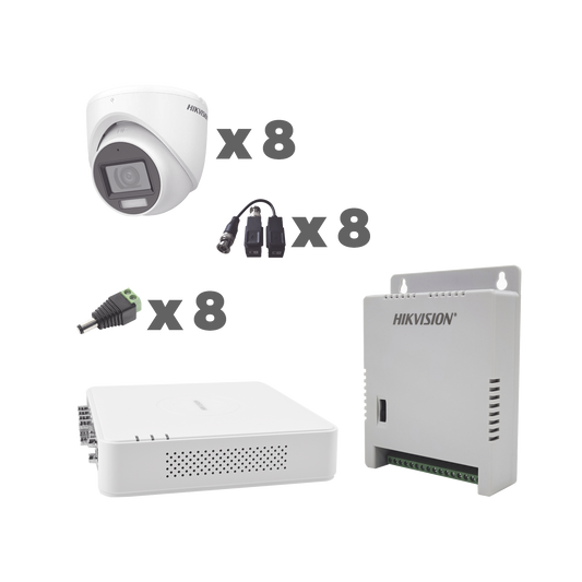 KIT TurboHD 1080p / DVR 8 Canales con audio por coaxitron / 8 Cámaras con Micrófono Integrado 101° Visión/  luz blanca + IR visión nocturna  / Transceptores / Conectores / Fuente de Poder Profesional