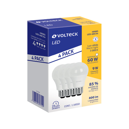 Pack de 4 lámparas LED A19 9 W (equiv. 60 W), luz cálida