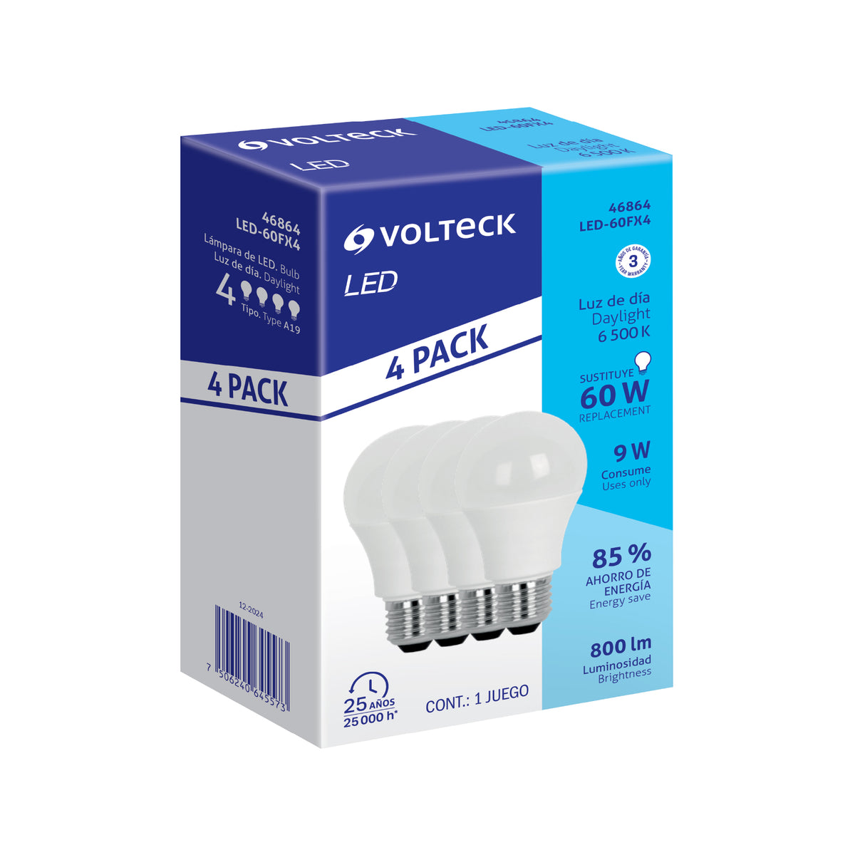 Pack de 4 lámparas LED A19 9 W (equiv. 60 W), luz de día