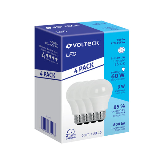 Pack de 4 lámparas LED A19 9 W (equiv. 60 W), luz de día