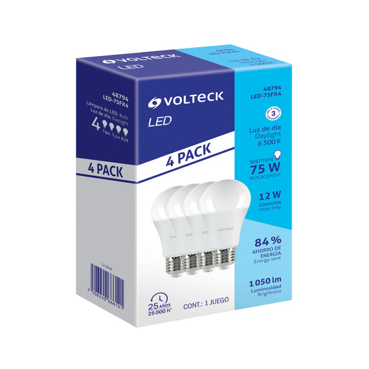 Pack de 4 lámparas LED A19 12 W (equiv. 75 W), luz de día