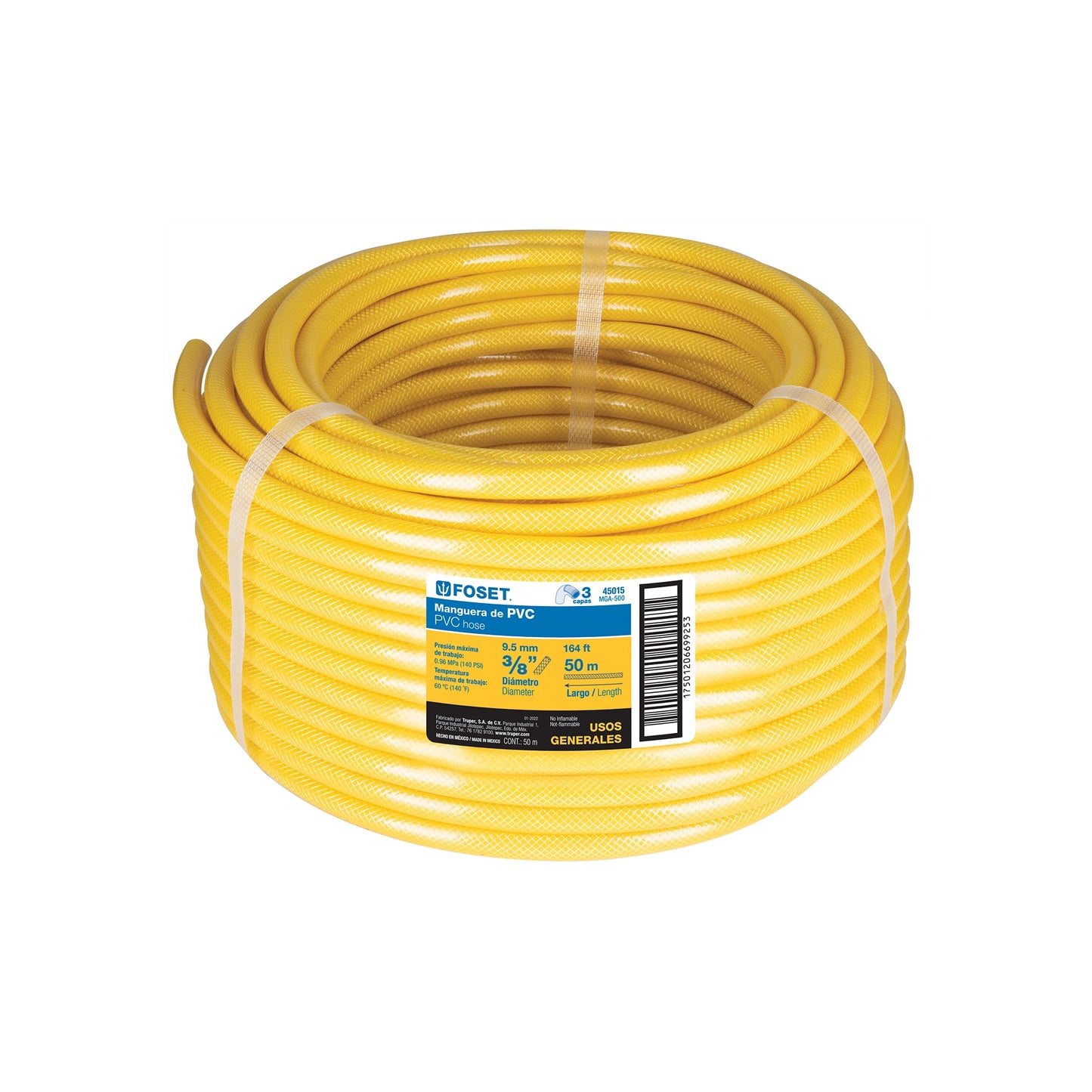 Manguera para gas, PVC amarilla, 3/8'x50m, s/conexión, Foset