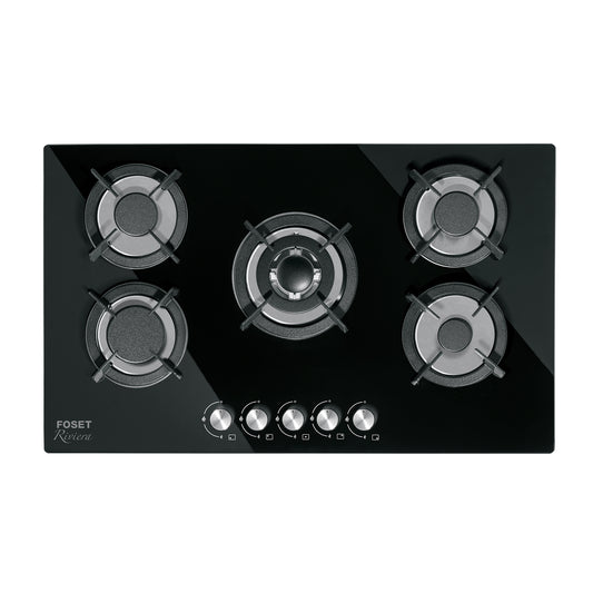Parrilla gas empotrable 90cm, 5 quem, vidrio negro, Riviera