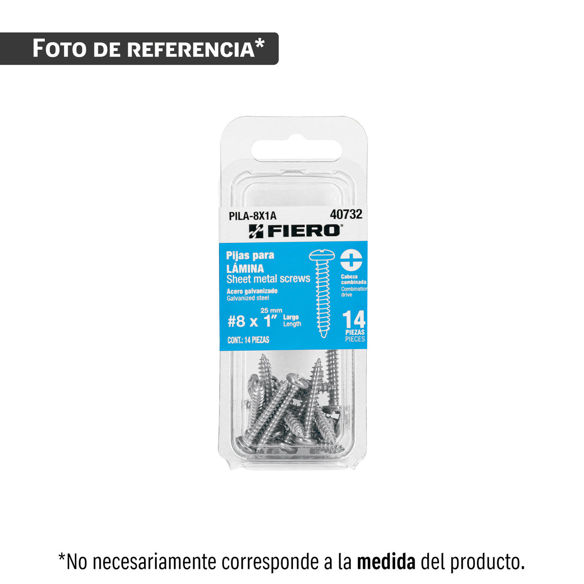 Blíster con 8 pijas para lámina, #8 x 2', Fiero