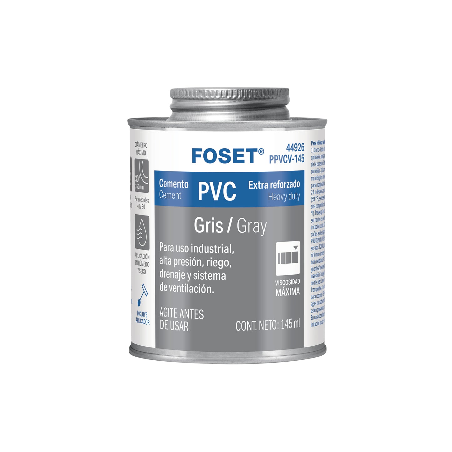 Cemento p/PVC, gris, máxima viscosidad, lata 145ml, FOSET