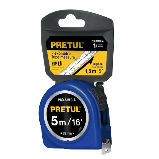 Flexómetro azul 5 m cinta 19 mm, en tarjeta, PRETUL