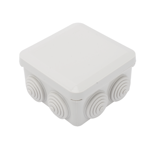 Caja Estanca, Derivación, Conexión de Plástico (89 X 89 X 50 mm) con 7 Glándulas de Goma. Para Instalaciones Comerciales,  Residenciales e Industriales. Cerrado a Presión.