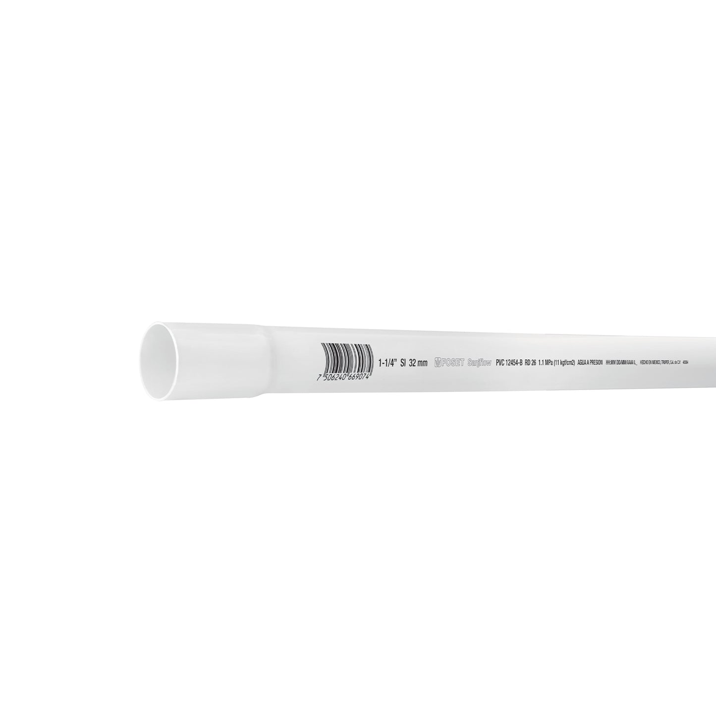 Tubo de 1-1/4' PVC hidráulico RD 26, 3m, 0.9kg, FOSET