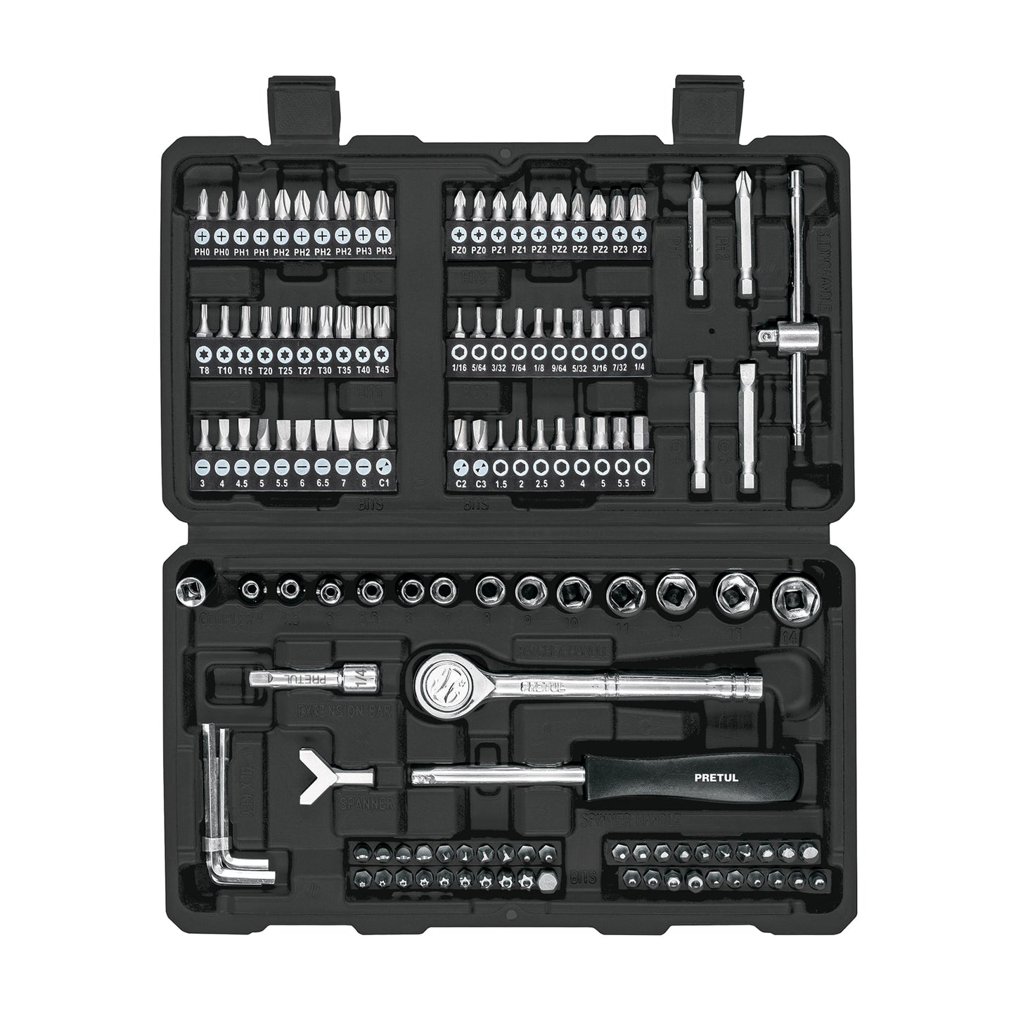 Juego de 130 herramientas 1/4' para mecánico, Pretul