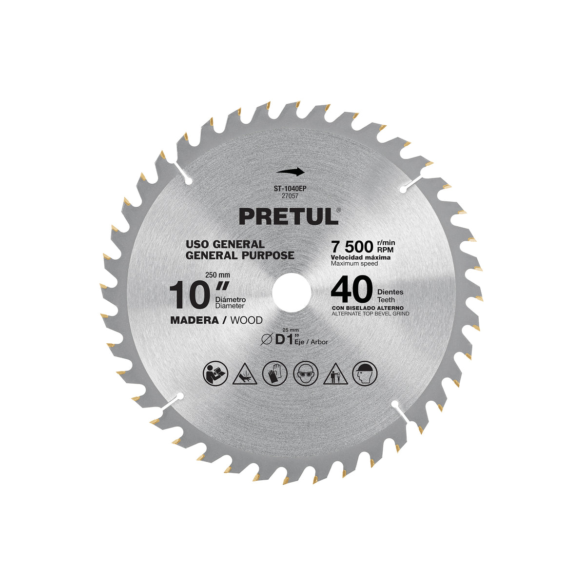 Disco sierra 10' para madera, 40 dientes centro 1', Pretul