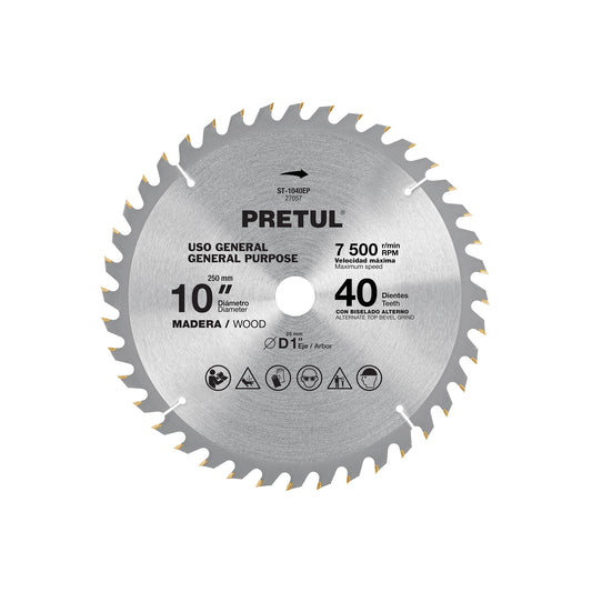 Disco sierra 10' para madera, 40 dientes centro 1', Pretul