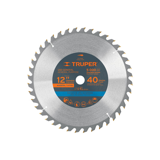Disco sierra 12' para madera, 40 dientes centro 1', Truper