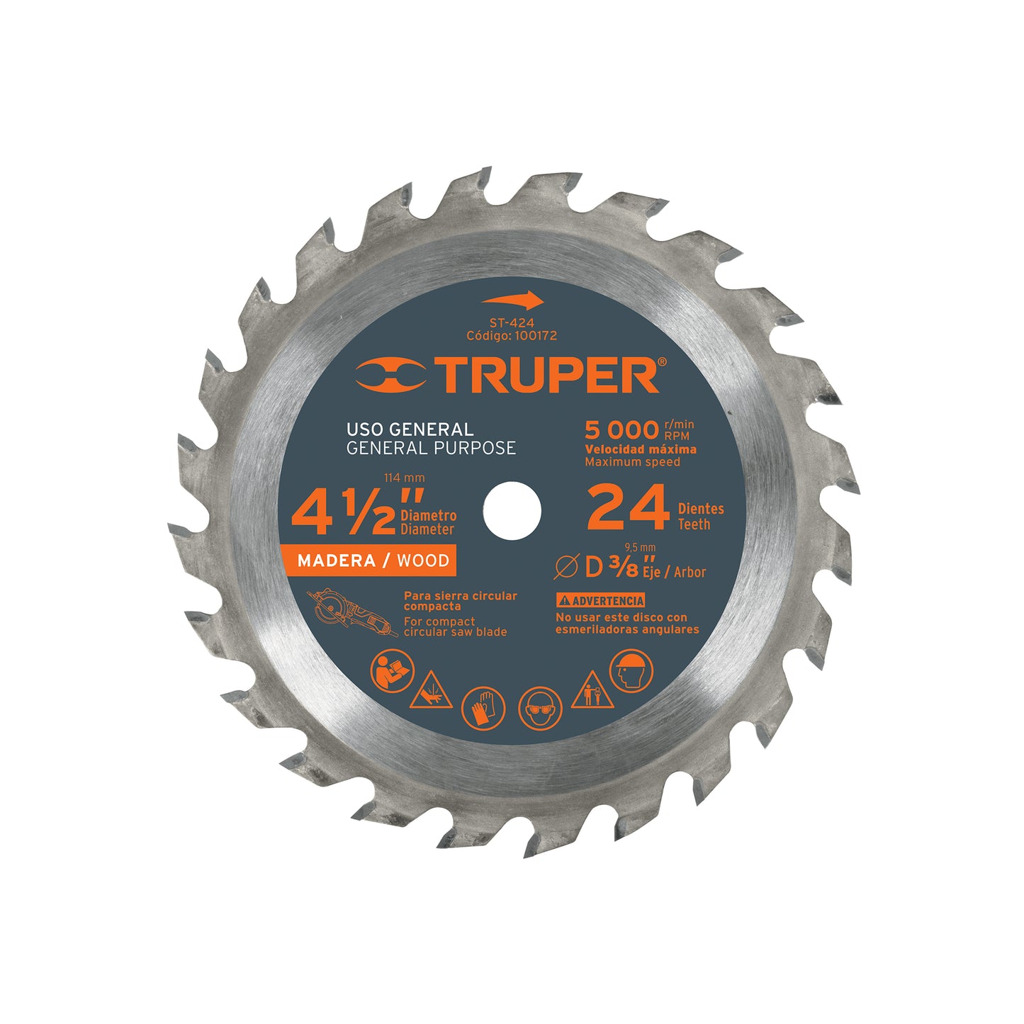 Disco sierra 4-1/2' para madera, 24 dientes centro 3/8'