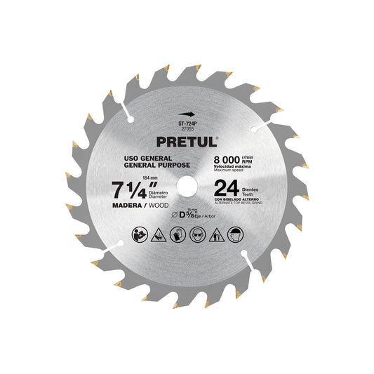 Disco sierra 7-1/4' p/madera, 24 dientes centro 5/8', Pretul