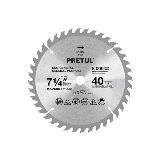 Disco sierra 7-1/4' p/madera, 40 dientes centro 5/8', Pretul