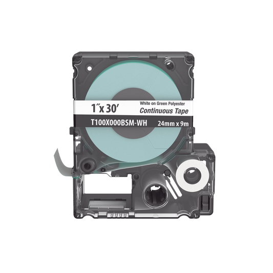 Casete de Etiquetas de Poli�ster de Cinta Continua, Color Blanco Sobre Verde, Uso Interior/Exterior, 24 mm (0.94 Pulgadas) de Ancho x 9.1 Metros (29.86 Pies) de Largo