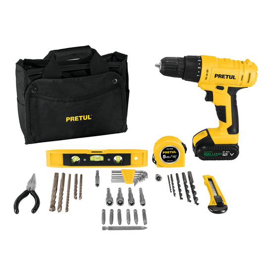 Kit taladro 3/8', 12V, 35 accesorios, en maleta, PRETUL