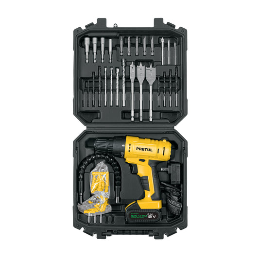 Kit taladro 3/8', 12V, 33 accesorios, en estuche, PRETUL