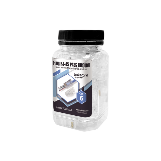 Bote con 50 Plugs Pass Through RJ45 Cat6 sin Blindaje, con Alivio de Tensi�n Incluido, Chapado de Oro a 30 Micras para Durabilidad Extrema