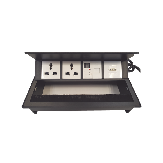 Caja Horizontal Tipo Hub para Escritorio Color Negro, con 1 Puerto HDMI Hembra-Hembra, 1 Puerto RJ45 Cat6, 2 Puertos USB (Solo Carga), y 2 Contactos El�ctricos Universales