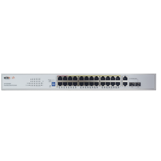 Switch PoE (802.3af/at/bt) / No administrable de largo alcance / Hasta 250m / Con 24 x 10/100Mbps + 2 x SFP Gigabit Combo / 250 W