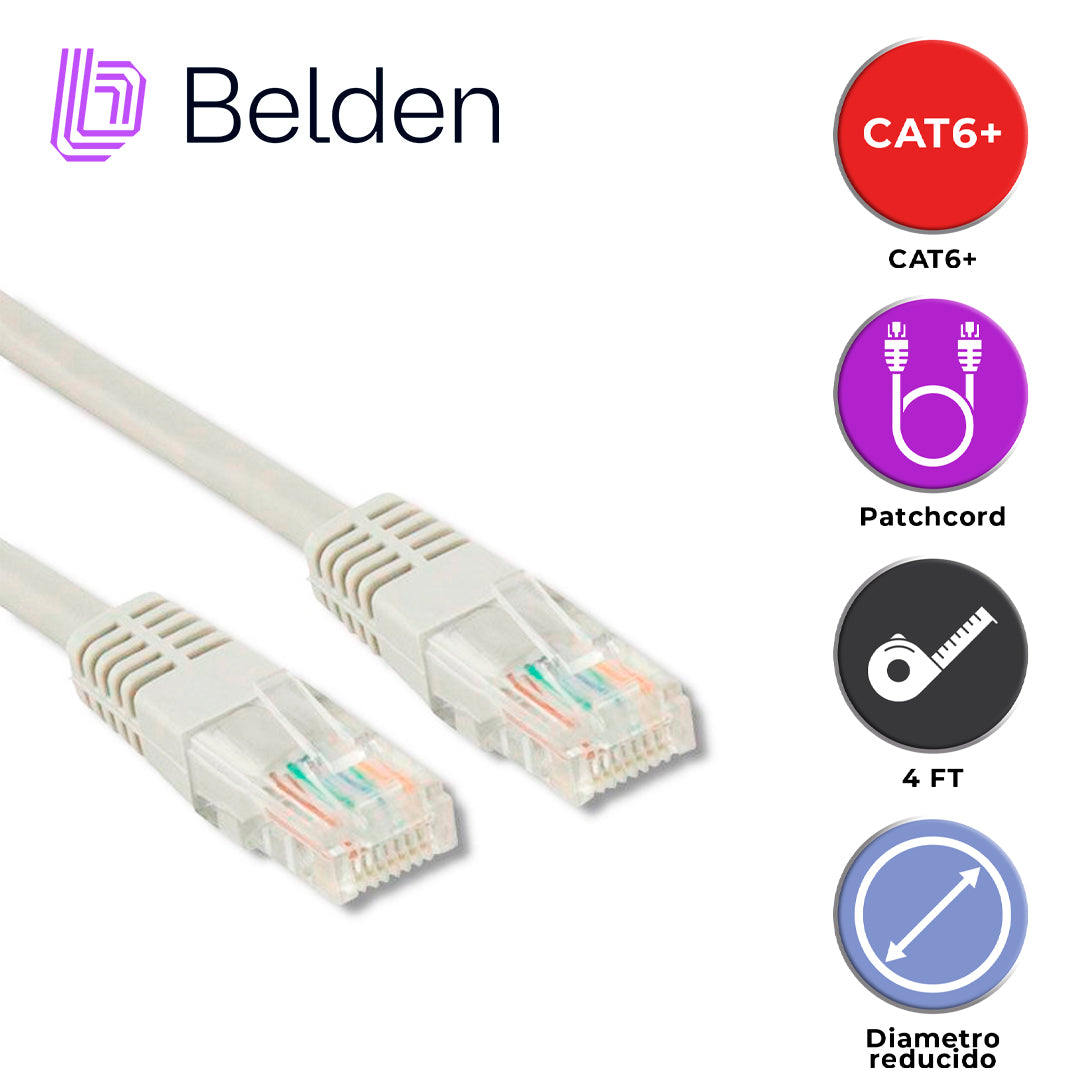 patch cord diametro reducido utp cat6+ belden c6d1109004 / interior / blanco / 4 pares / 28 awg / forro pvc / cmr / 4 pies 1.2 metros