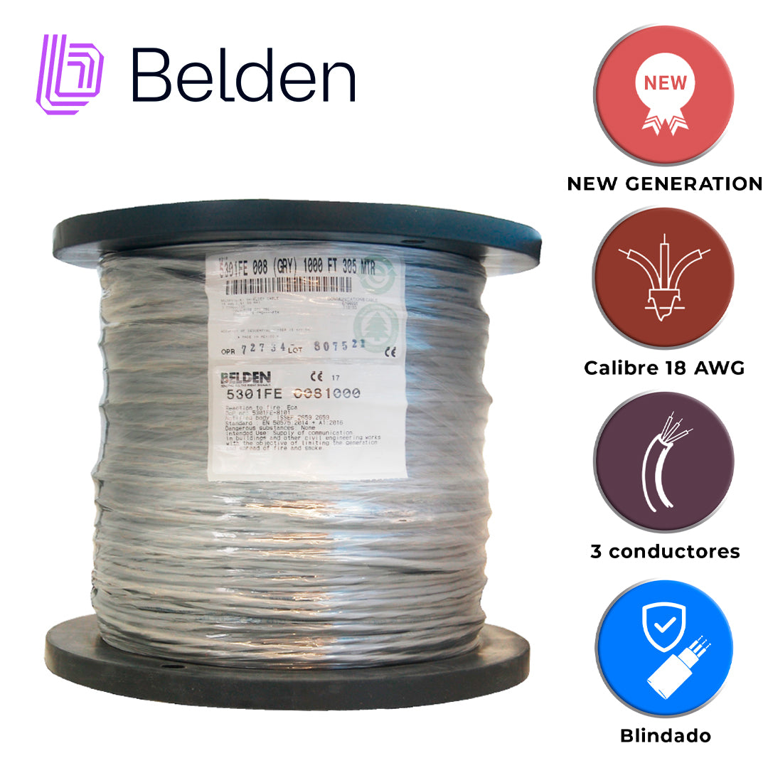 cable de seguridad y sonido belden 5301fe 0081000 / interior / gris / 3 conductores / 18 awg / multifilar / forro pvc / cmr / blindado / bobina / 1000 pies 305 metros
