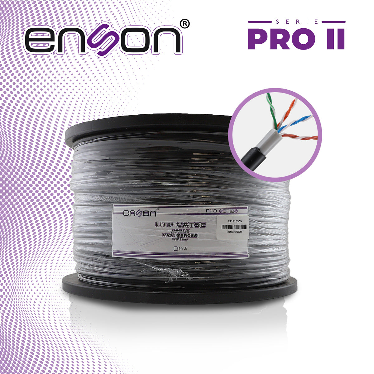 cable utp cat5e enson 13151b305 doble forro serie pro-ii calibe 24 awg 100% cobre bobina de 305 metros forro pe color negro y pvc color gris uso exterior recomendado para cctv video ip y redes base 10100