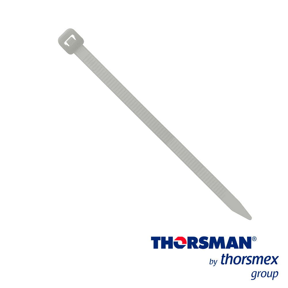 cincho nylon th-100 thorsman 4200-01000 color natural a 2.5mm- l 100mm bolsa/100pzs diametro maximo capacidad de atado 22mm fabricado en poliamida (nylon 66) grado de flamabilidad ul 94 v-2 tension 8 (kg) ideal para ductos y cables