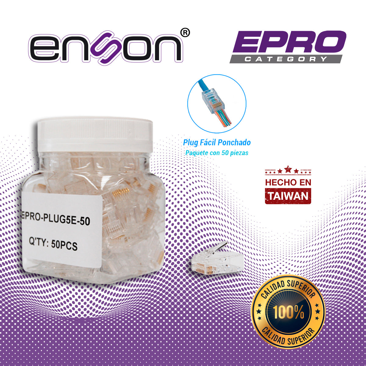 plug facil ponchado enson epro-plug5e-50 bote de 50 pzs para cable utp cat5e con sistema de paso de cables passtru que facilita el ponchado de cable utp ya que se puede identificar errores de manera mas facil requiere uso de pinzas epro-plugtool