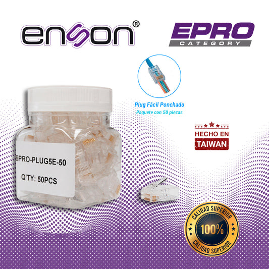 plug facil ponchado enson epro-plug5e-50 bote de 50 pzs para cable utp cat5e con sistema de paso de cables passtru que facilita el ponchado de cable utp ya que se puede identificar errores de manera mas facil requiere uso de pinzas epro-plugtool