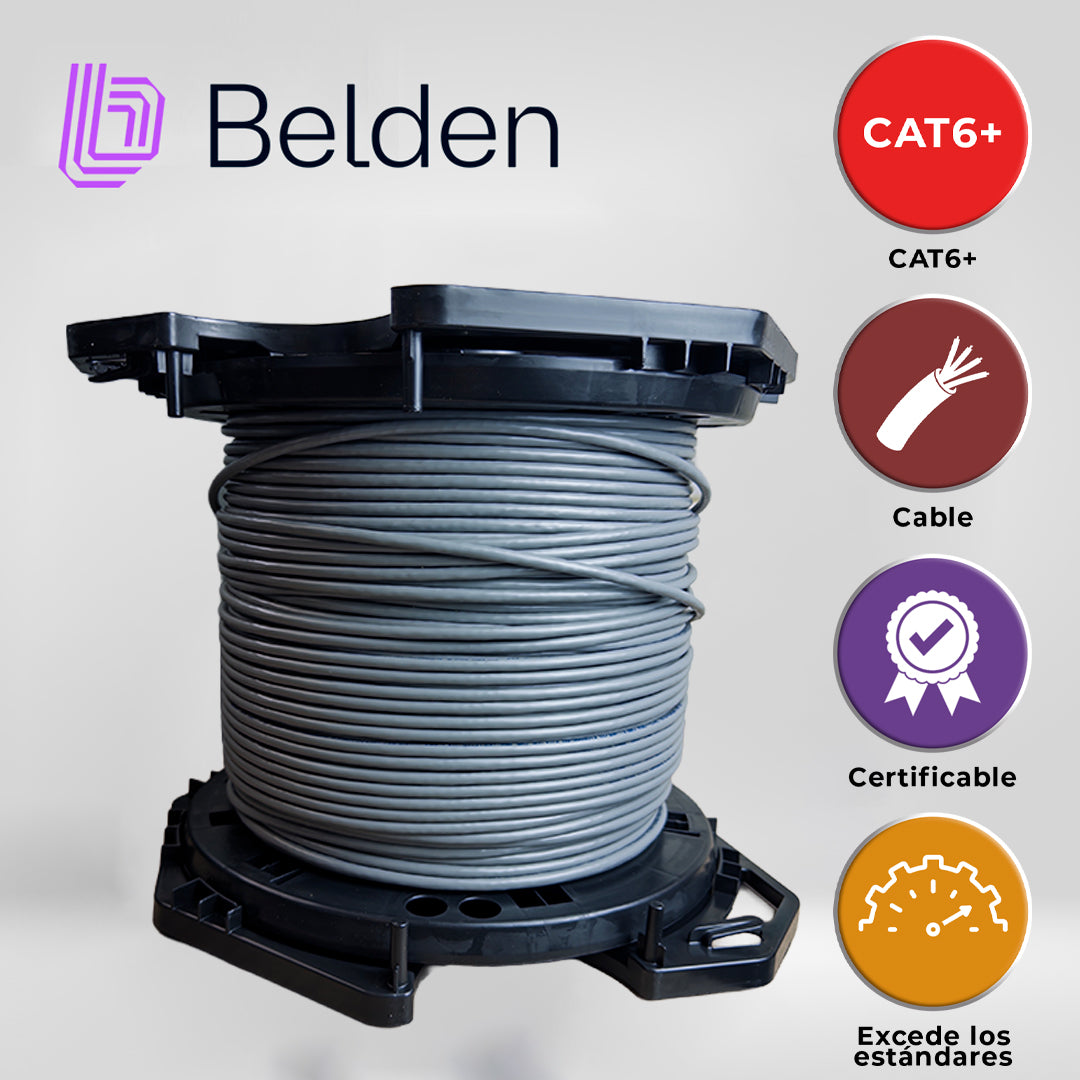 cable utp cat6+ belden 2412 008a1000 / interior / gris / 350mhz / 4 pares / 23 awg / forro pvc / cmr / certificable / bobina en caja / 1000 pies 305 metros