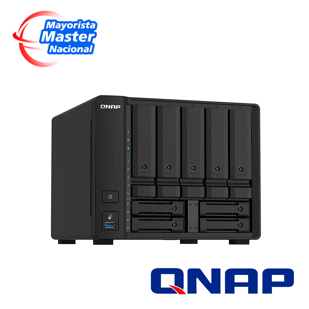 nas qnap ts-932px-4g-us / procesador anapurnalabs / memoria ram 4gb / 5 bahias frontales sata 3.5 pulgadas mas 4 bahias frontales sata 2.5 pulgadas / 2 puertos rj45 2.5gbe mas 2 puertos sfp plus 10giga / montaje en escritorio