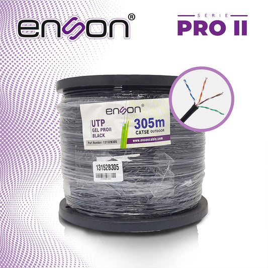 cable utp cat5e enson 13152b305 serie pro-ii c/gel calibe 24 awg 100% cobre bobina de 305 metros forro pe color negro uso exterior recomendado para cctv video ip y redes base 10100