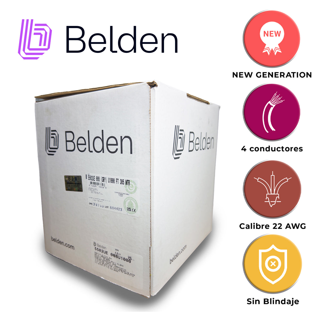 cable de seguridad y sonido belden 5502ue 008u1000 / interior / gris / 4 conductores / 22 awg / multifilar / forro pvc / cmr / en caja / 1000 pies 305 metros