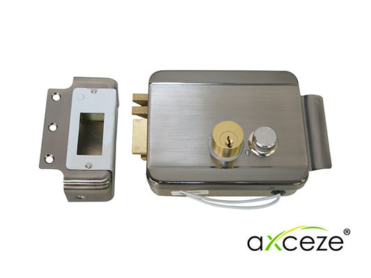 cerradura electromecanica axceze ax-lockl orientacion izquierda instalacion sobre poner apertura interna por boton fabricada en acero