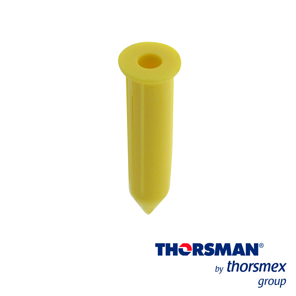 clavithor thorsman tcp1 1207-02100 taquete para fijar con clavo 3/32pulg x 1pulg color amarillo caja 100 pieza elaborado con poliestireno de alto impacto flexible resistente al impacto realiza una expansion para uso en interiores