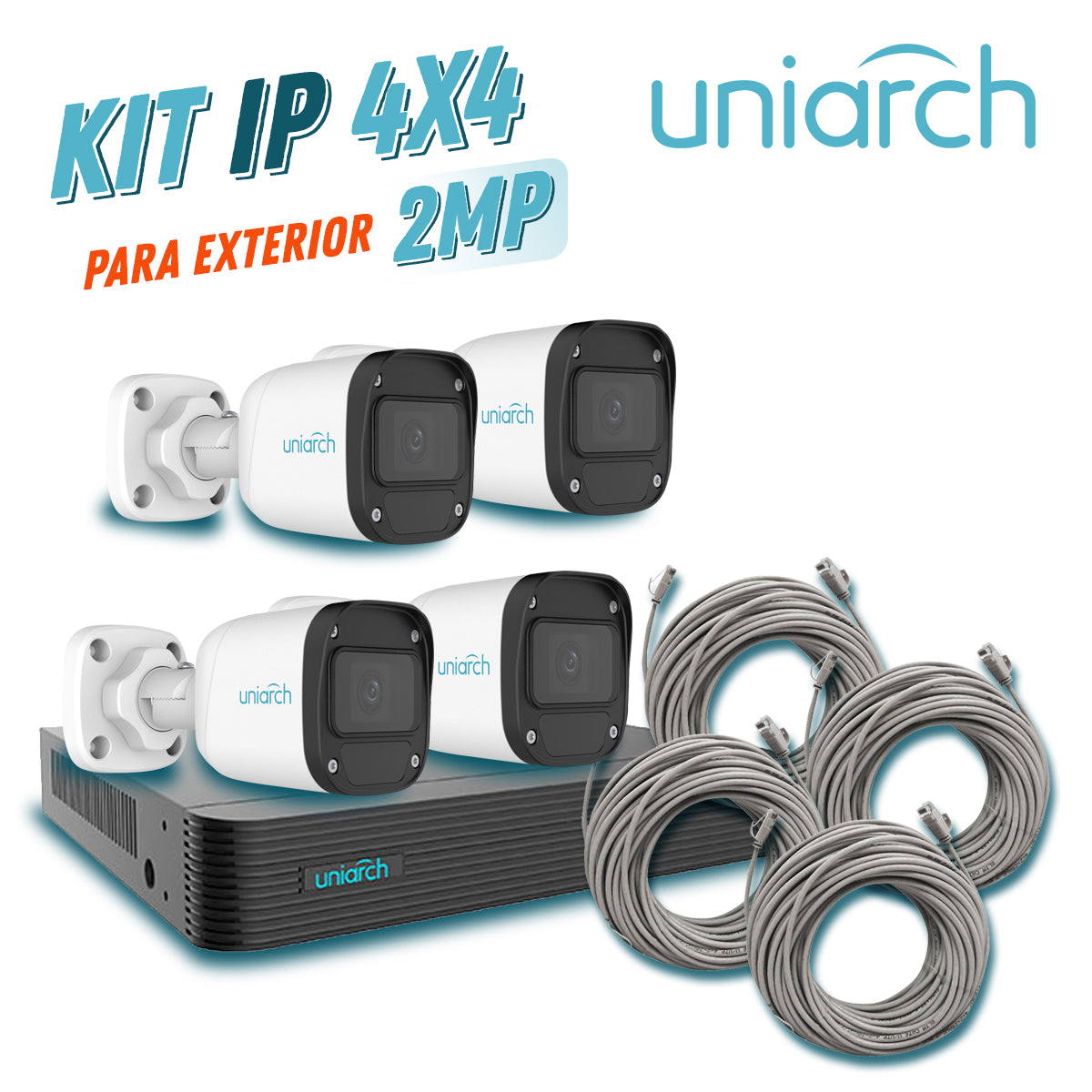 kit 4x4 uniarch ip exterior bullet 2mp 1080p incluye 1 nvr poe 4ptos + 4 cam bullet ip 2mp 2.8mm slot microsd + 4 cables preponchados de 18mts