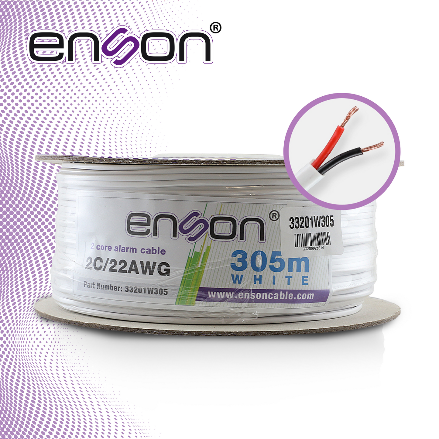 cable de alarma enson 33201w305 serie pro-ii multifilar 2c/22 awg bobina de 305 metros forro pvc color blanco para uso interior diseñado para conexiones de sistemas de alarma