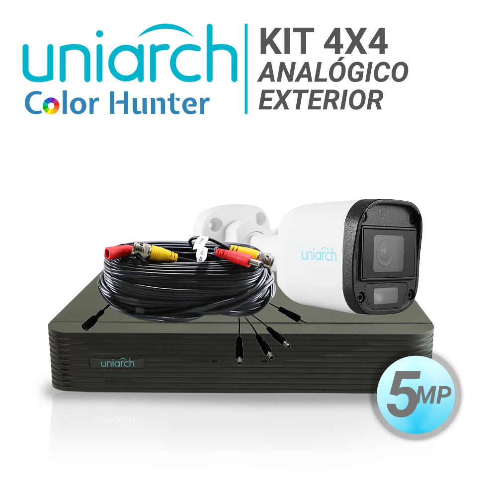 kit 4x4 analogico uniarch exterior bullet color hunter 5mp ip67 tvi/ahd/cvi/cvbs incluye 1 xvr 4 bnc+2 ip / + 4 cam bullet color hunter 5mp 2.8mm + 4 cables preponchados de 18mts + fuente de alimentacion 12vdc y un pulpo de 5 salidas
