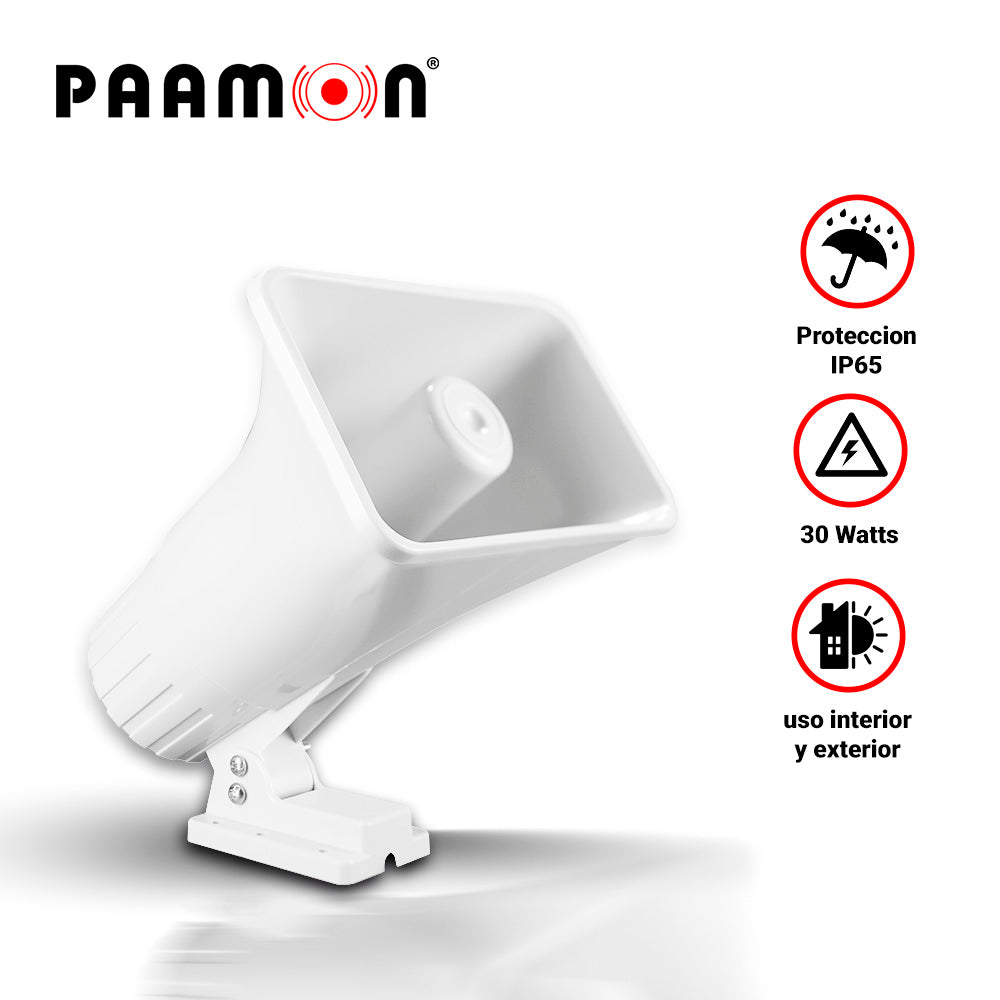 sirena 30watts paamon pam-sre30w doble tono/ alambrica / color blanco/ proteccion ip65 / uso en interior y exterior/ nivel de sonido 118/-2db / compatible con todos los sistemas de alarma sin caja individual