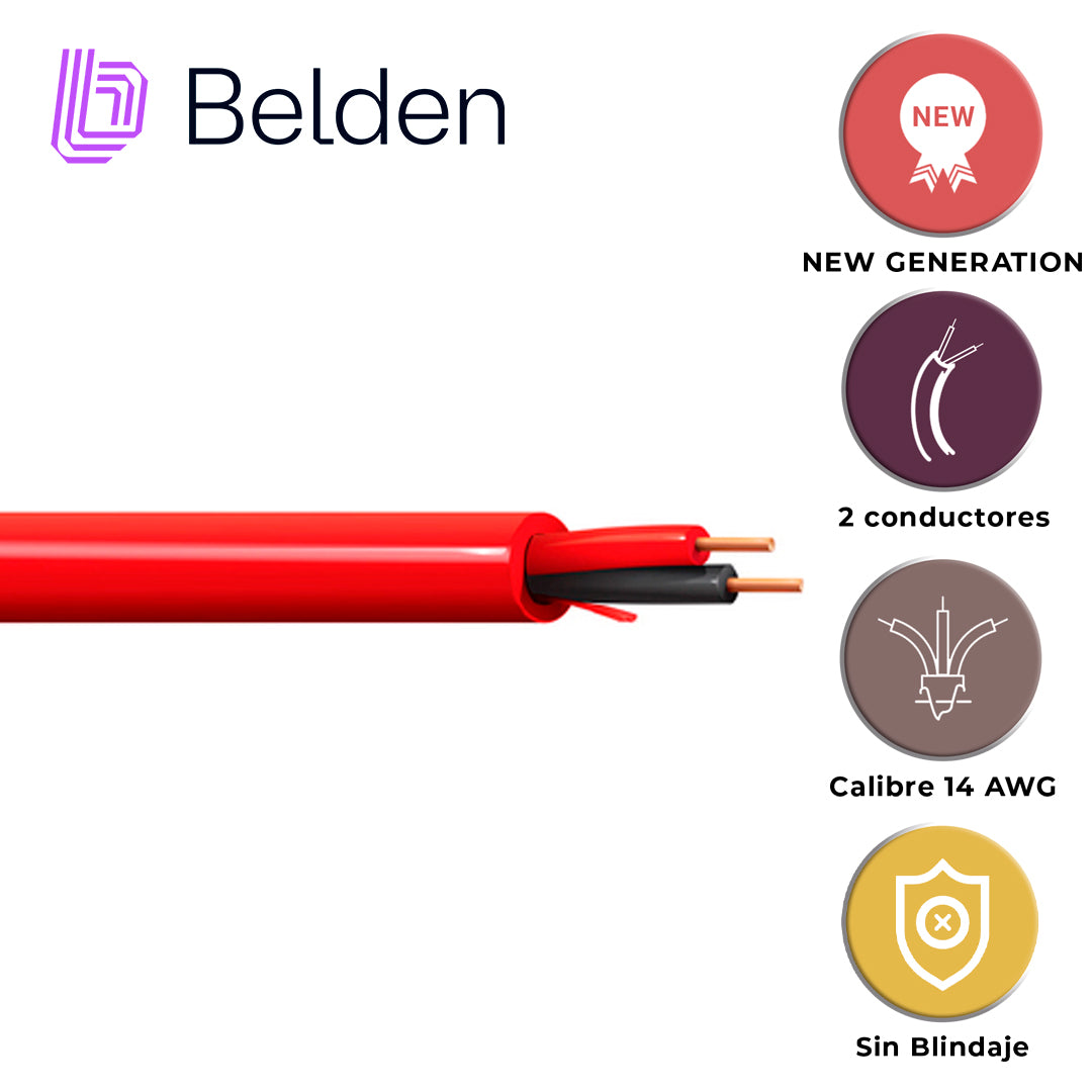 cable de alama contra incendios belden 5120ul 0021000 / interior / rojo / 2 conductores / 14 awg / solido / forro pvc / cmr - fplr / bobina / 1000 pies 305 metros