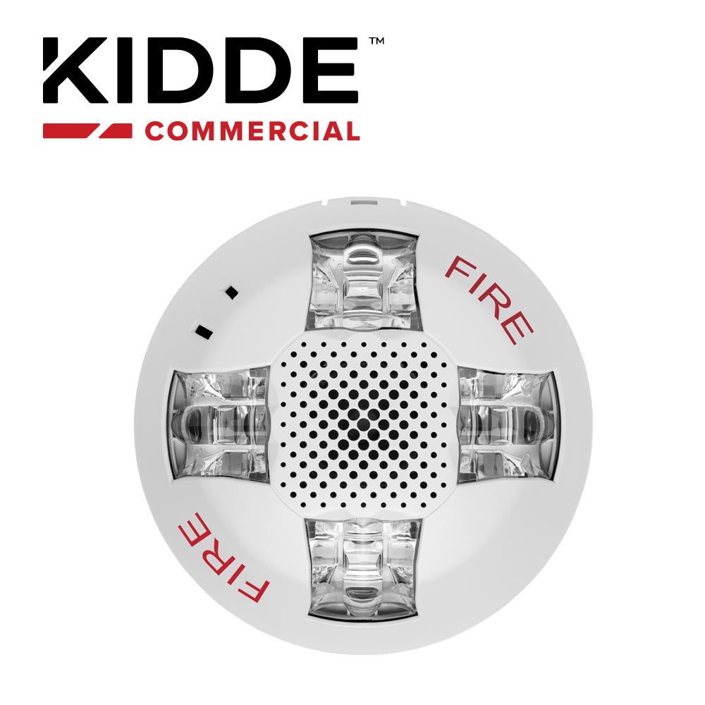 sirena con luz estroboscopica montaje en techo / kidde egcavwf / color blanco con la palabra fire 15-115 cd incluye placa de cableado grsw