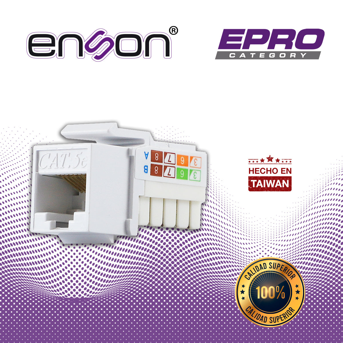 conector modular jack rj45 enson epro-jack5e-wh serie pro posicion vertical cat5e color blanco compatible con placas enson epro-fp requiere uso de pinzas epro-jacktool