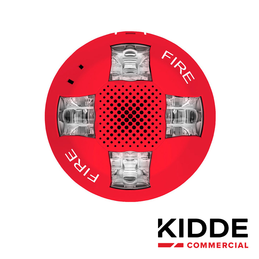 sirena con estrobo de techo 15-115 cd marca kidde egcavrf roja con la palabra fire. placa de cableado incluida.