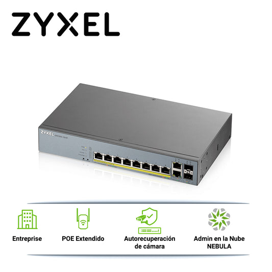 switch poe gigabit 8ptos+2uplink enterprise nebula zyxel gs1350-12hp 10 puertos rj45 10/100/1000mbps poe+ af/at + 2 puertos sfp 1000mbps administrable l2 total 130w