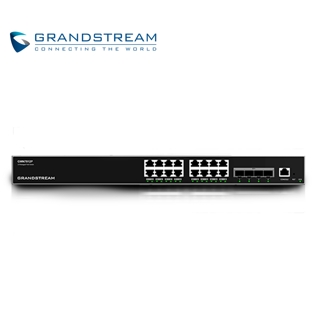 switch administrable poe+ capa 3 grandstream gwn7812p / 16 puertos 10/100/1000mbps / 16 puertos poe+ af/at / 4 puertos sfp+ 10gigabit / rounting ospfv3/bgp / qos / vlan / radius/tacacs+ / administracion gwn cloud / montaje escritorio/rack / metalico