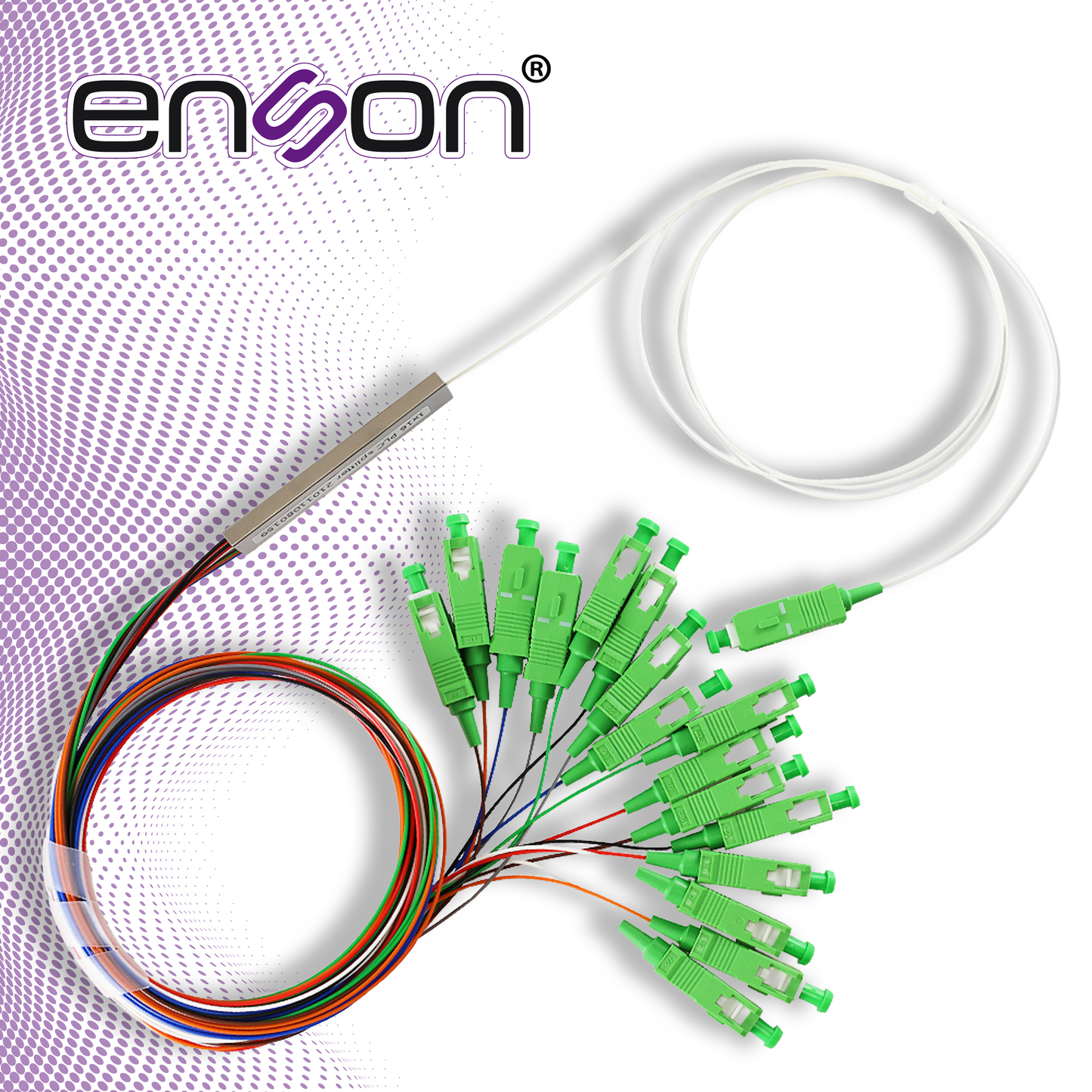 splitter plc (divisor optico) enson ens-plc1x16 con conectores sc apc 1x16 fibra optica monomodo