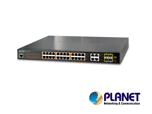 switch administrable planet gs-4210-24pl4c / 28 puertos rj45 10/100/1000 mbps / 4 puertos sfp 100/1000 mbps / 24 puertos con inyector poe 802.3at/af / 1 puerto serie rs-232 a rj45 / recinto de metal / 3 ventiladores / vlan / 440 watts / montaje en rack.